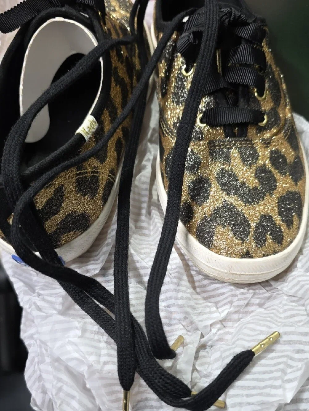 kate spade Leopard Glitter Ribbon Lace-Up Sneakers in Gold and Black